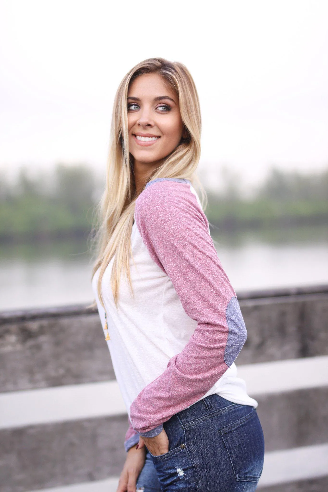 Burgundy Baseball Tee with Elbow Patches