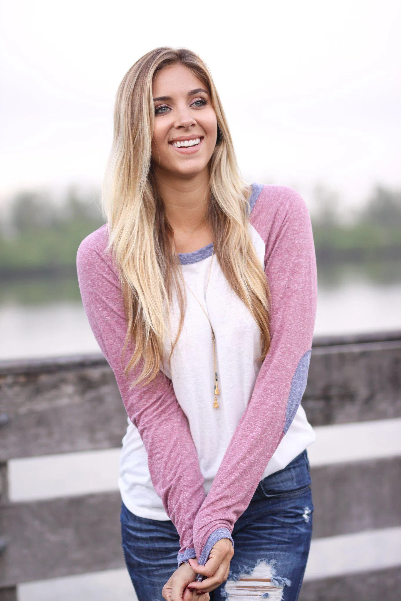 Burgundy Baseball Tee with Elbow Patches