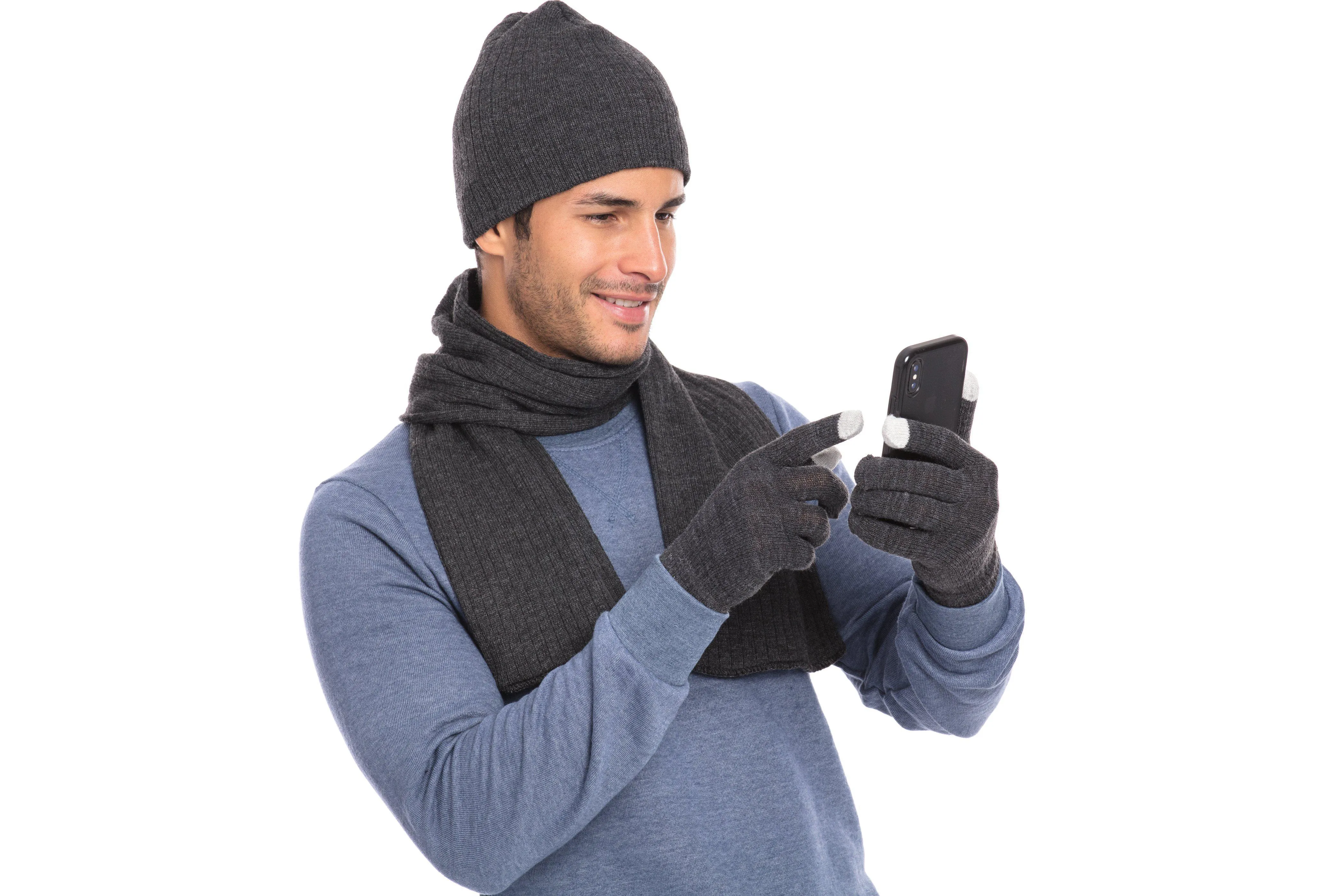 Casaba Winter 3 Piece Set Beanie Hat Scarf Touchscreen Gloves Cable Knit for Men Women