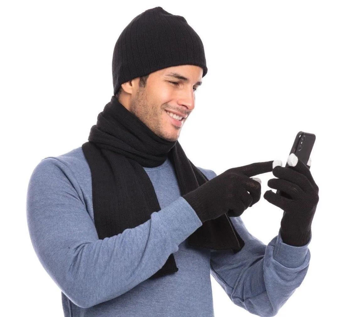 Casaba Winter 3 Piece Set Beanie Hat Scarf Touchscreen Gloves Cable Knit for Men Women