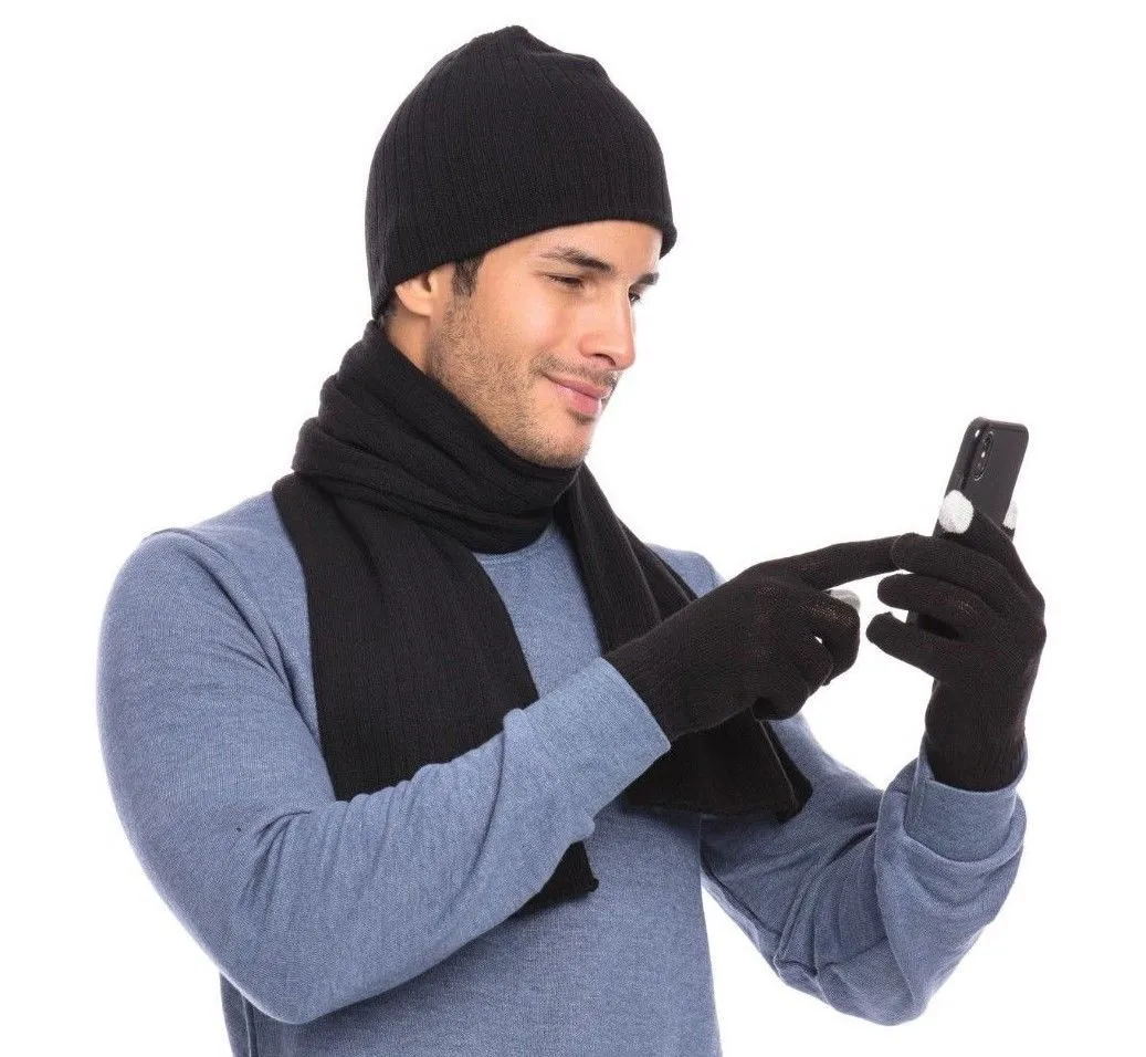 Casaba Winter 3 Piece Set Beanie Hat Scarf Touchscreen Gloves Cable Knit for Men Women