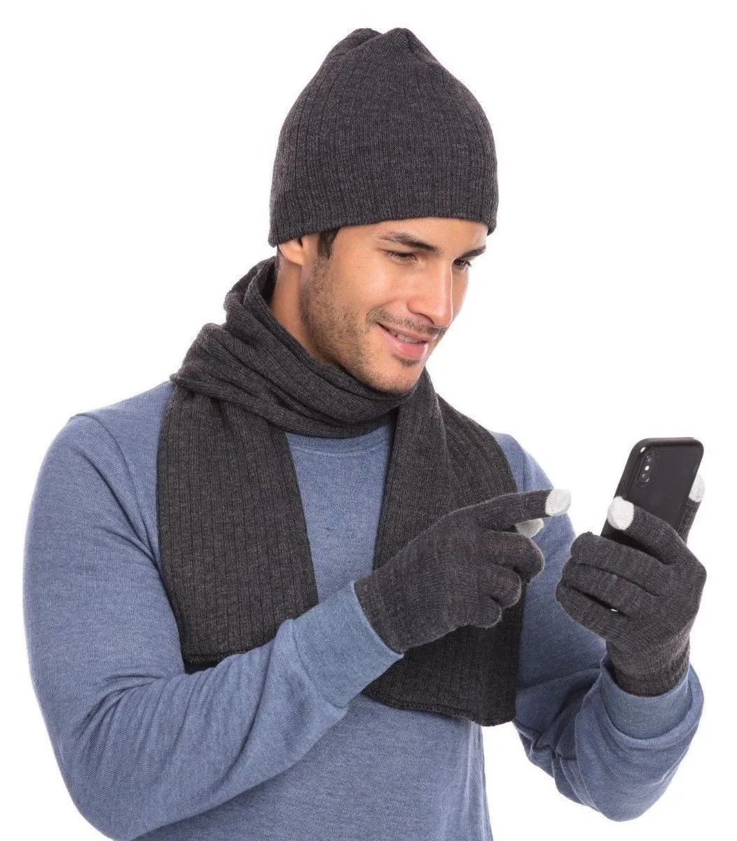 Casaba Winter 3 Piece Set Beanie Hat Scarf Touchscreen Gloves Cable Knit for Men Women