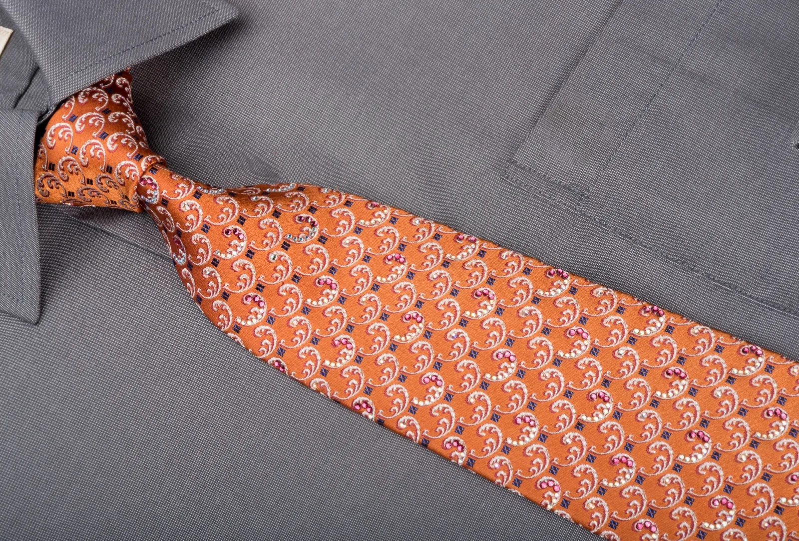 Daks Men's Rhinestone Silk Necktie Silver Filigree On Orange With Silver Sparkles