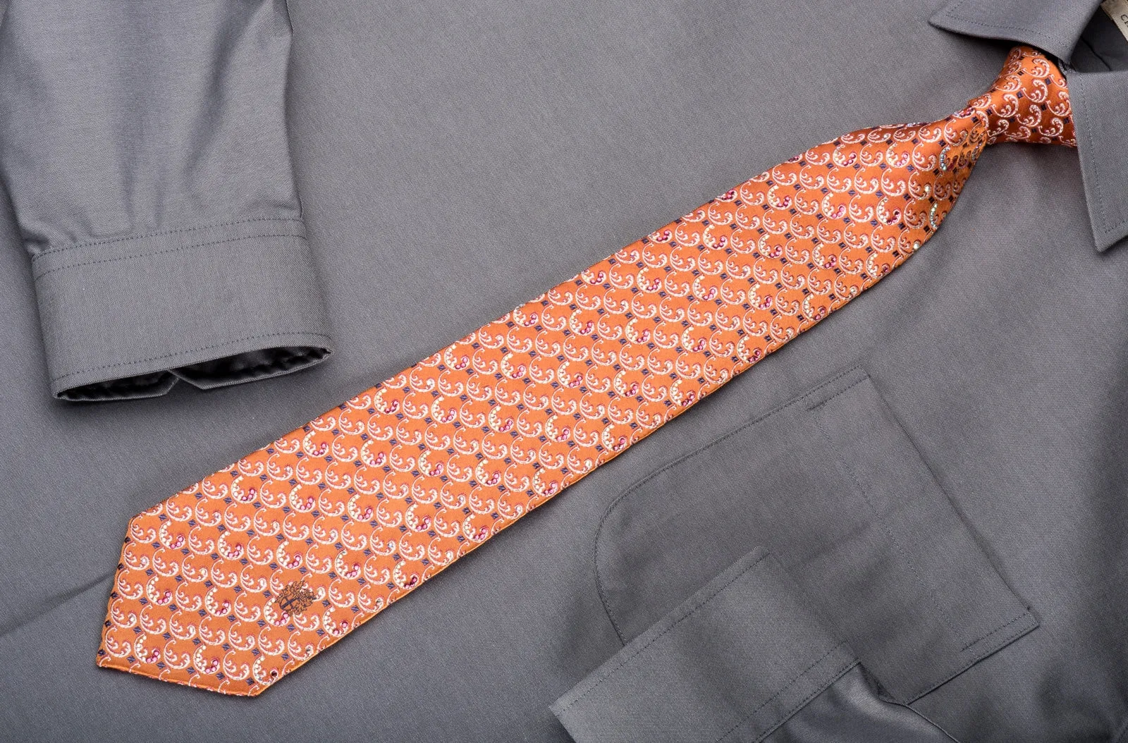 Daks Men's Rhinestone Silk Necktie Silver Filigree On Orange With Silver Sparkles