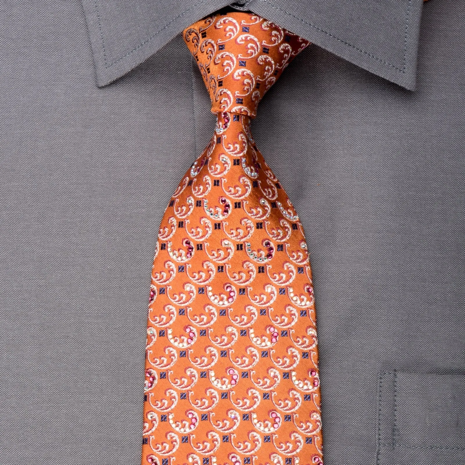 Daks Men's Rhinestone Silk Necktie Silver Filigree On Orange With Silver Sparkles