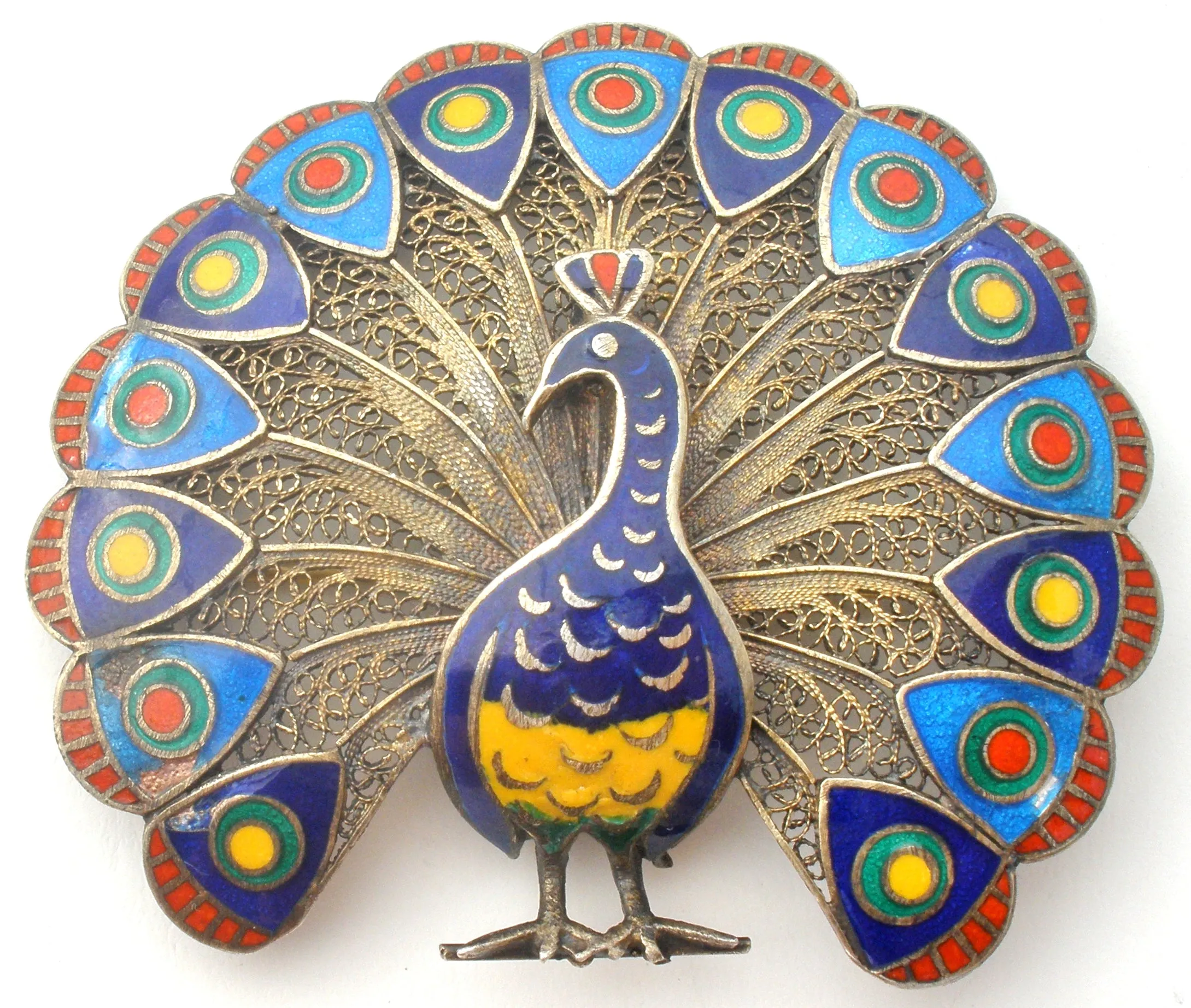 Enamel Peacock Brooch Vintage Sterling Silver