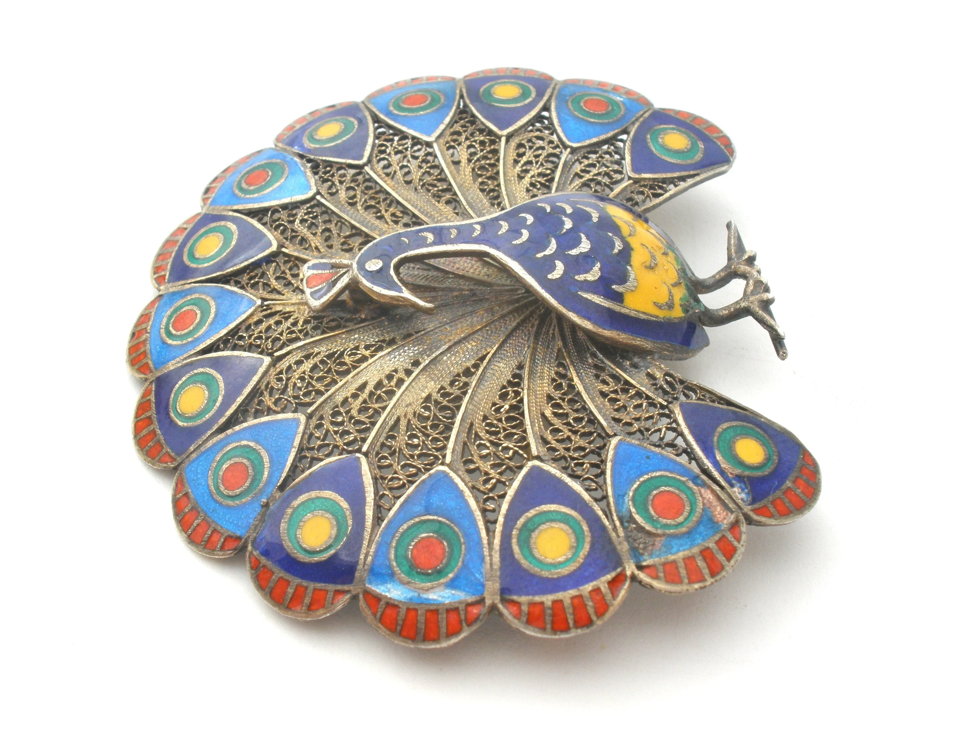 Enamel Peacock Brooch Vintage Sterling Silver