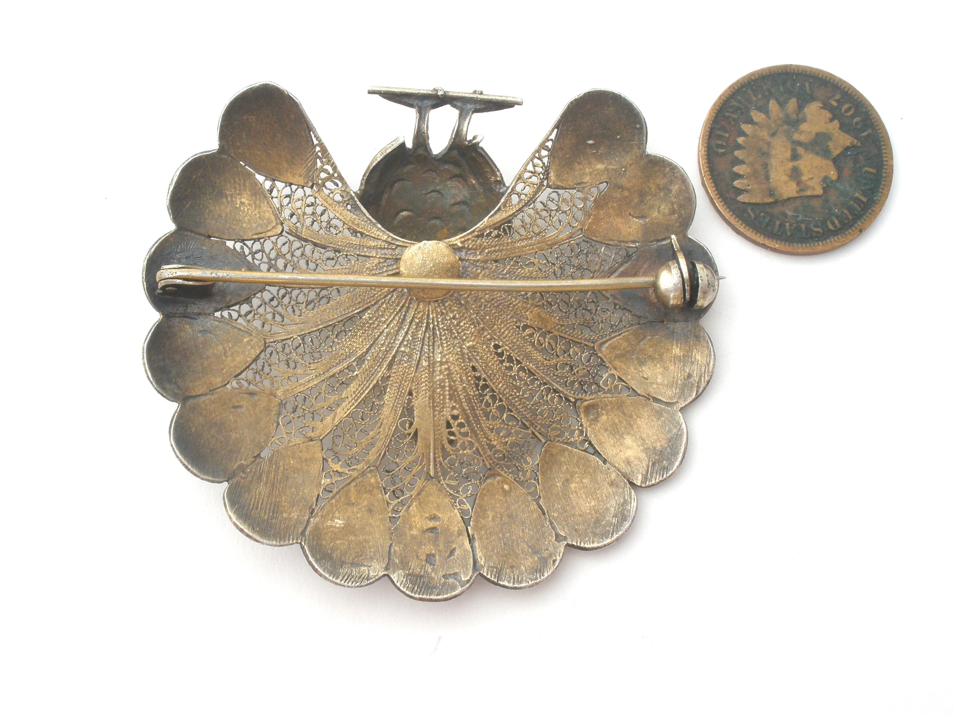 Enamel Peacock Brooch Vintage Sterling Silver