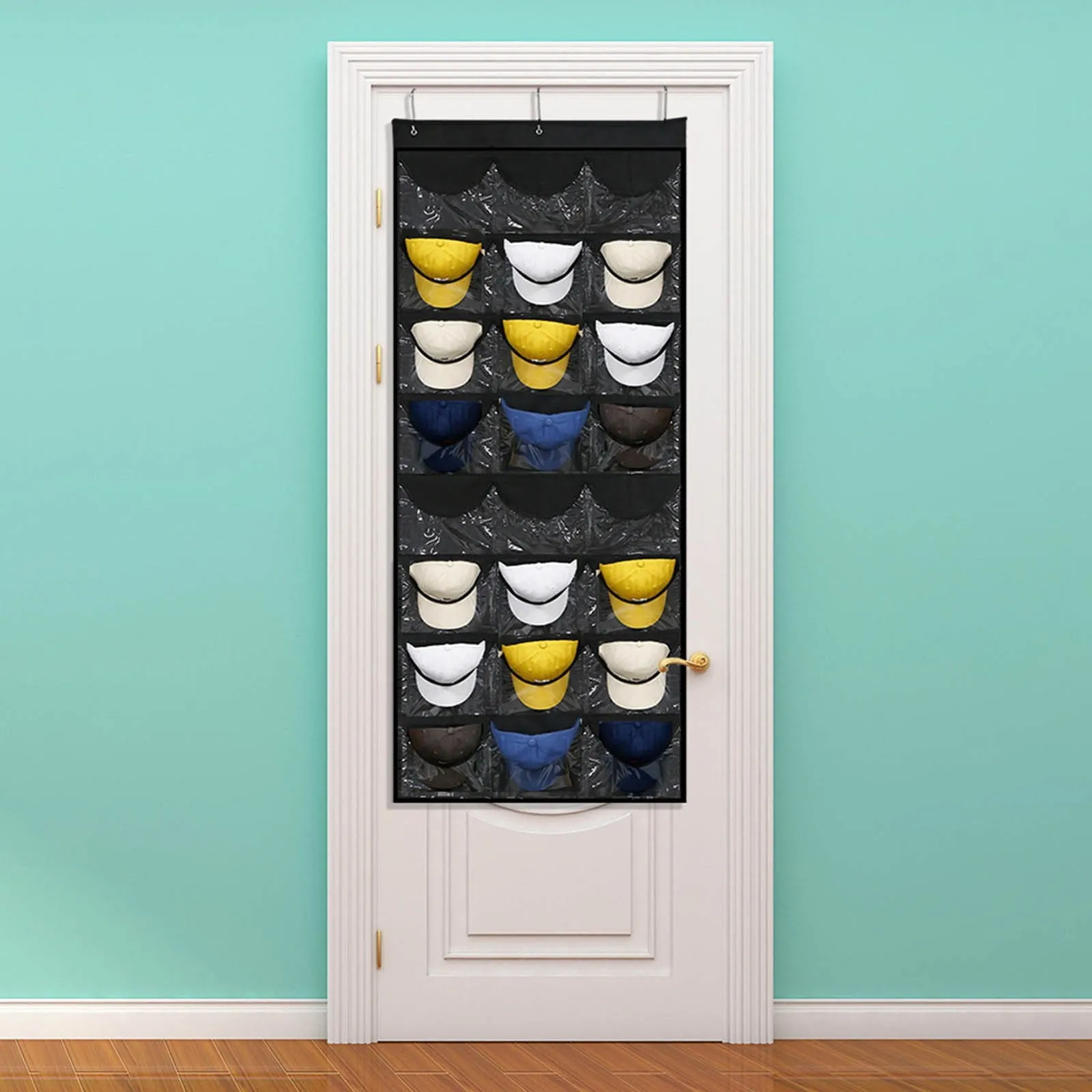 everyday Hat Rack for Baseball Caps,24 Pocket Over-The-Door Cap Organizer with Clear Deep Pockets to Display Your Baseball Caps Collection, Complete with 3 Over Door Hooks