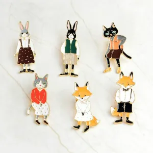 Fancy Rabbit, Fox, and Cat Enamel Brooches