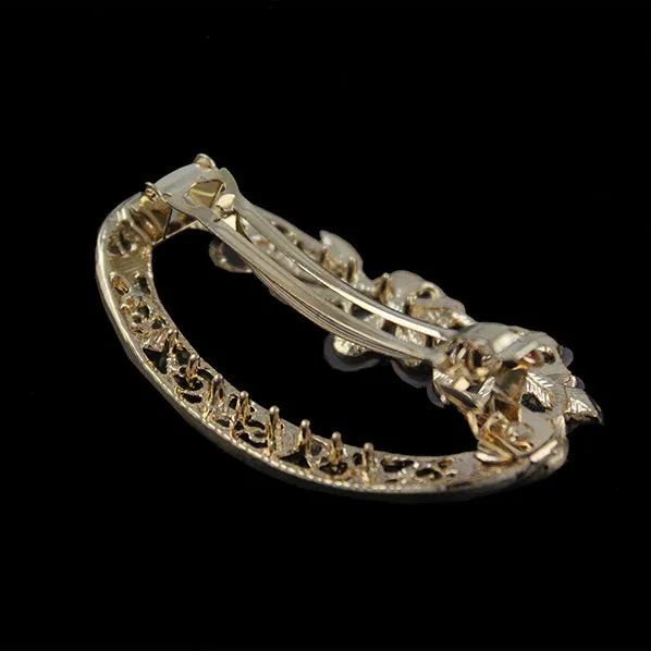 Gold Finish Oval Princess Barrette w/ Rhinestone Flowers