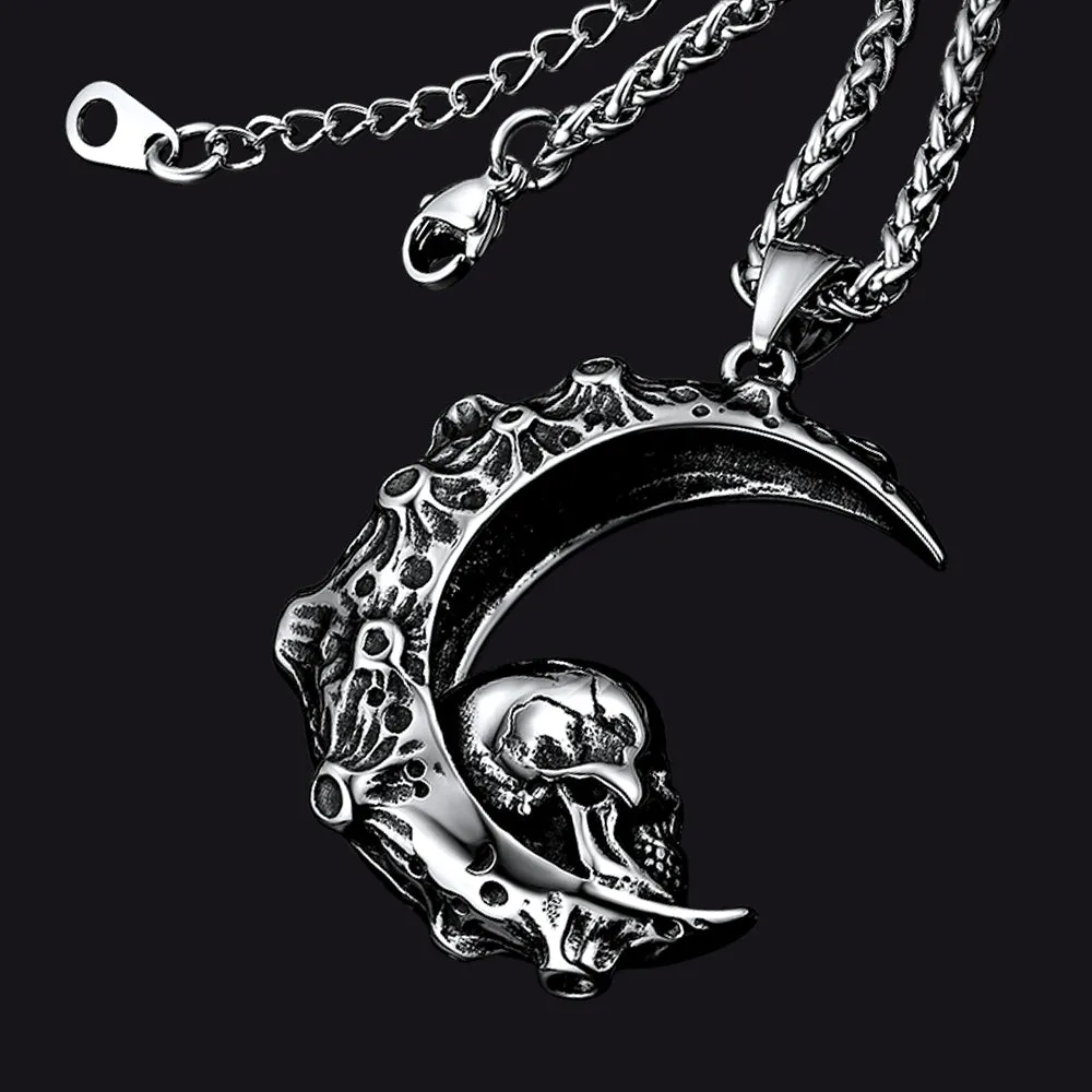 Gothic Crescent Moon Skull Necklace for Men