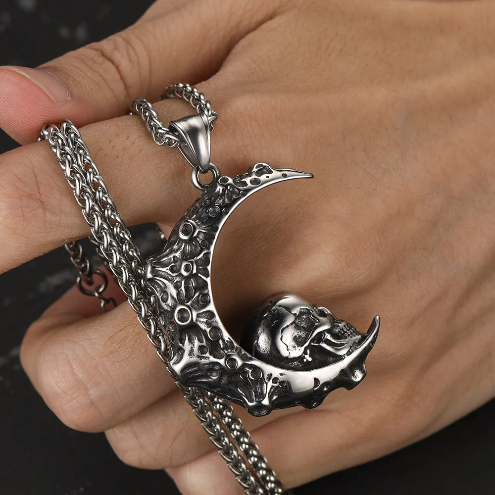 Gothic Crescent Moon Skull Necklace for Men