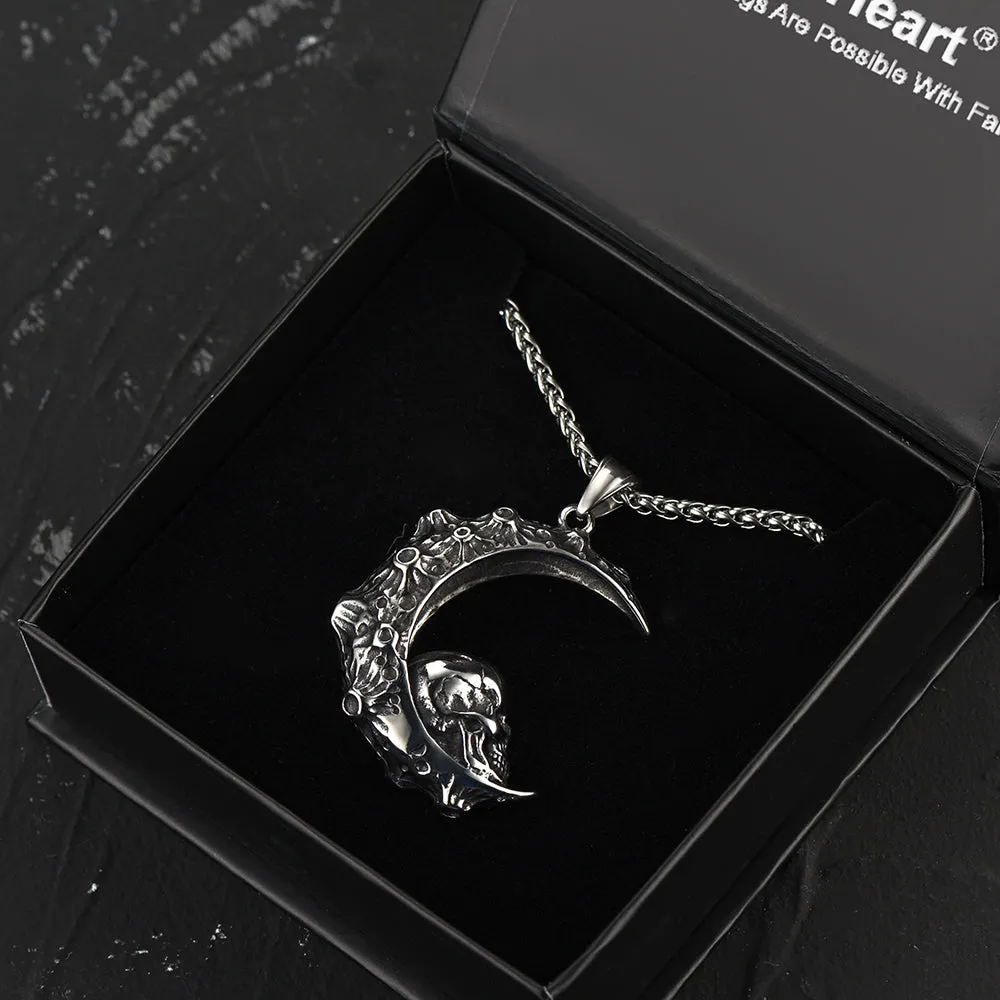 Gothic Crescent Moon Skull Necklace for Men