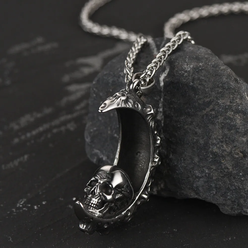 Gothic Crescent Moon Skull Necklace for Men