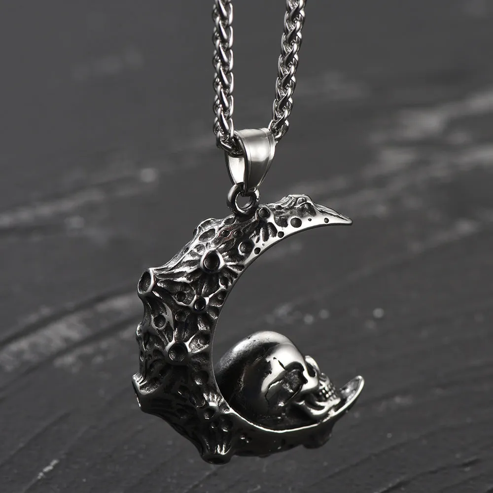 Gothic Crescent Moon Skull Necklace for Men