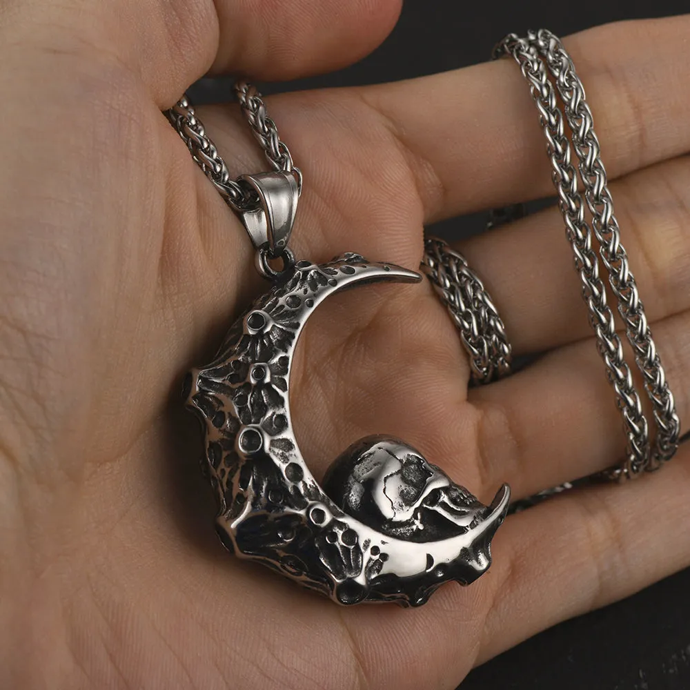 Gothic Crescent Moon Skull Necklace for Men