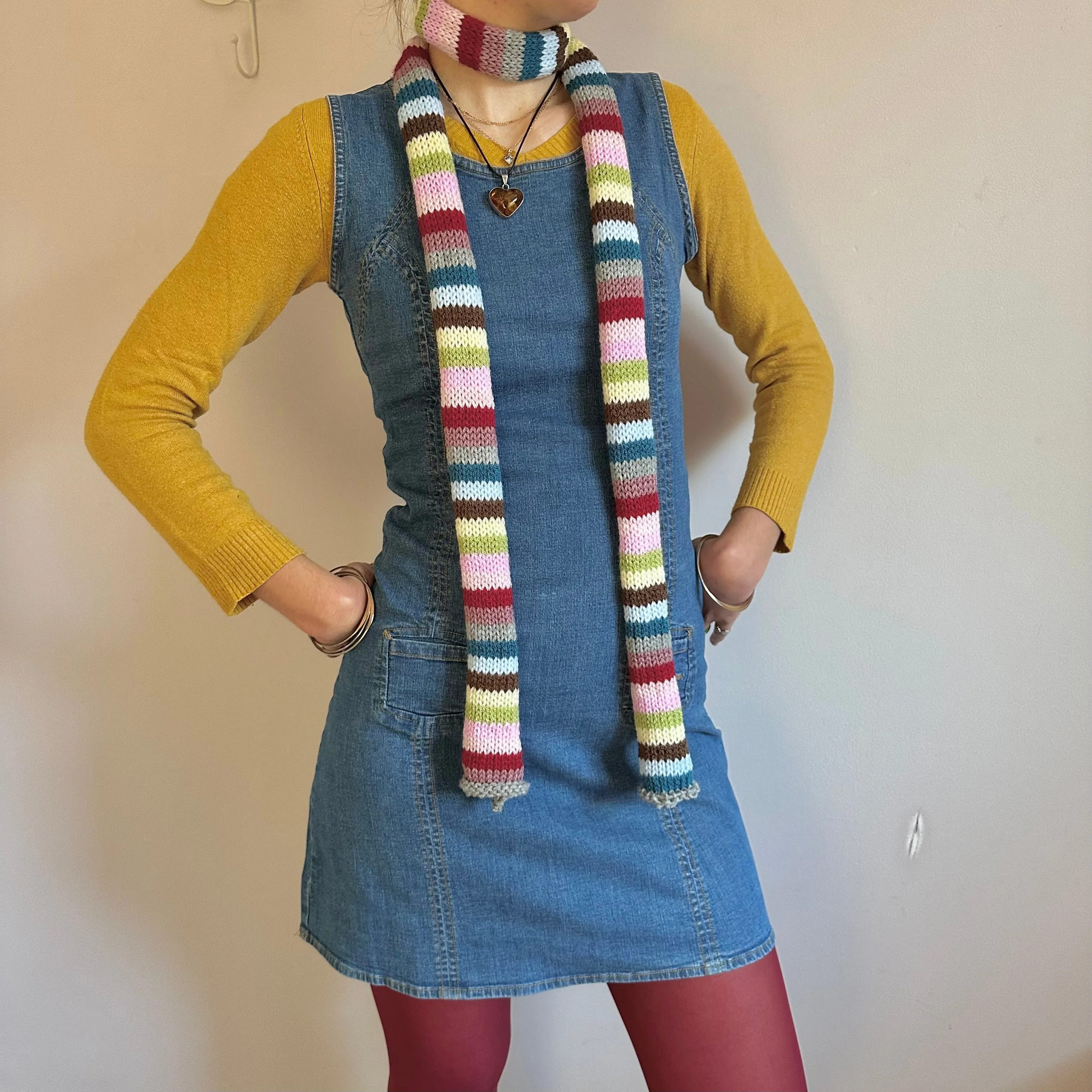 Handmade knitted multicoloured striped skinny scarf