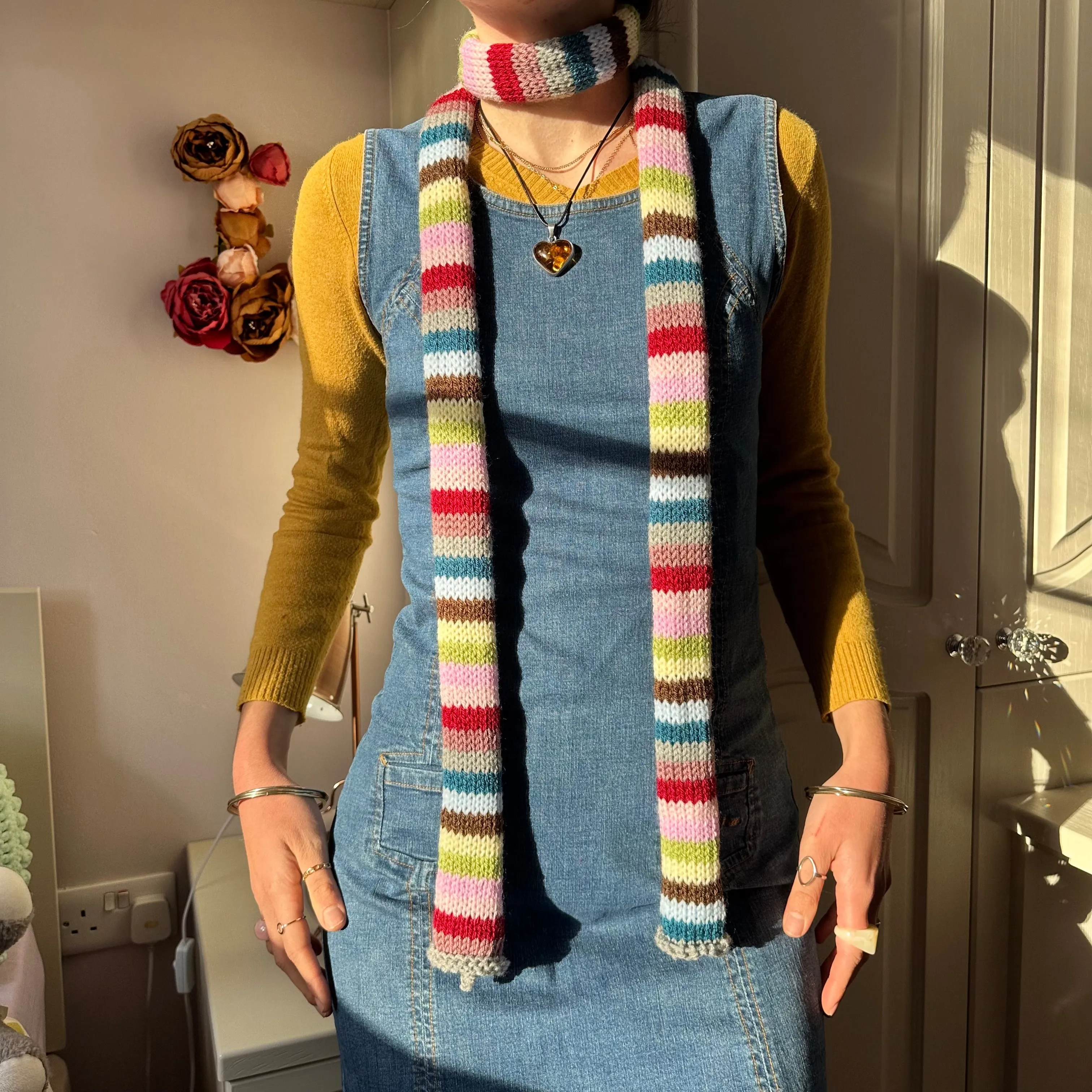 Handmade knitted multicoloured striped skinny scarf