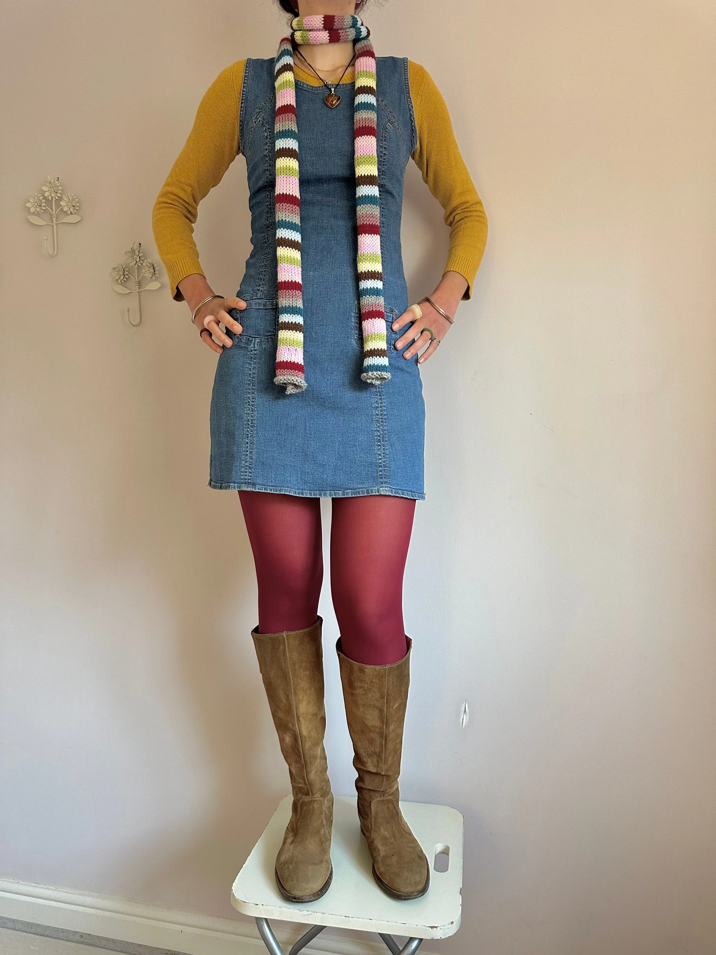 Handmade knitted multicoloured striped skinny scarf