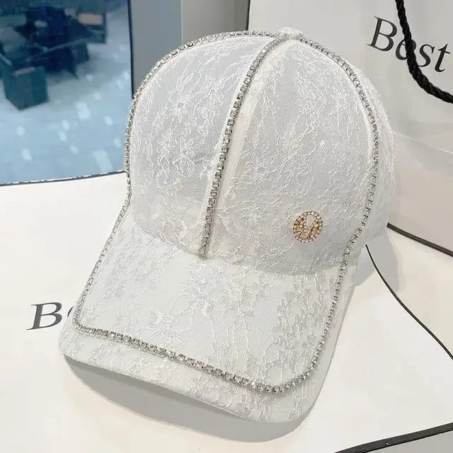 Hat Women Thin Breathable Rhinestones Sun Visor Hat Fashion Lace Flowers Mesh Outdoor Baseball Cap