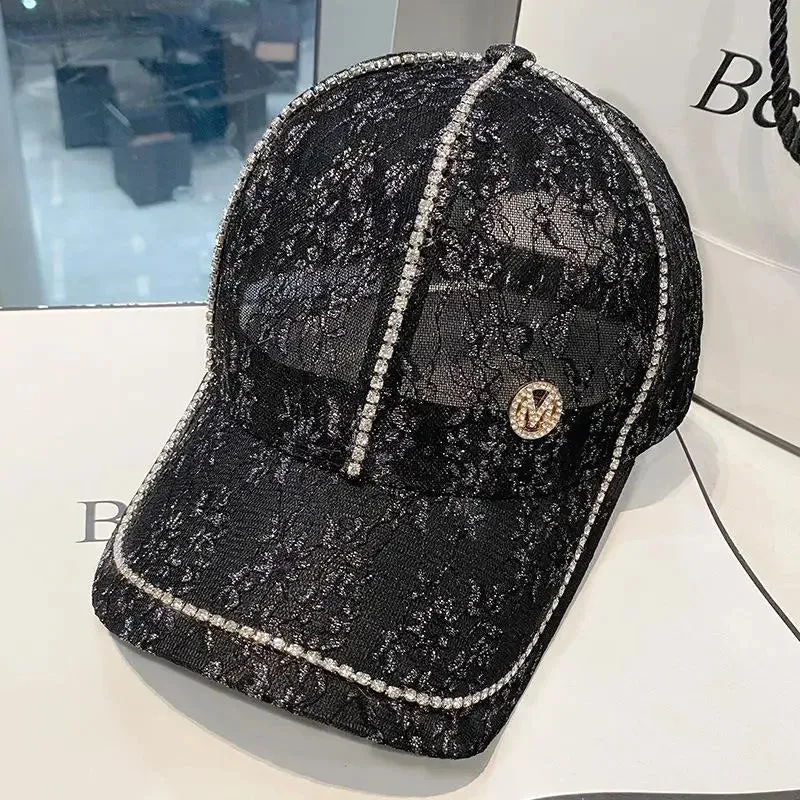 Hat Women Thin Breathable Rhinestones Sun Visor Hat Fashion Lace Flowers Mesh Outdoor Baseball Cap