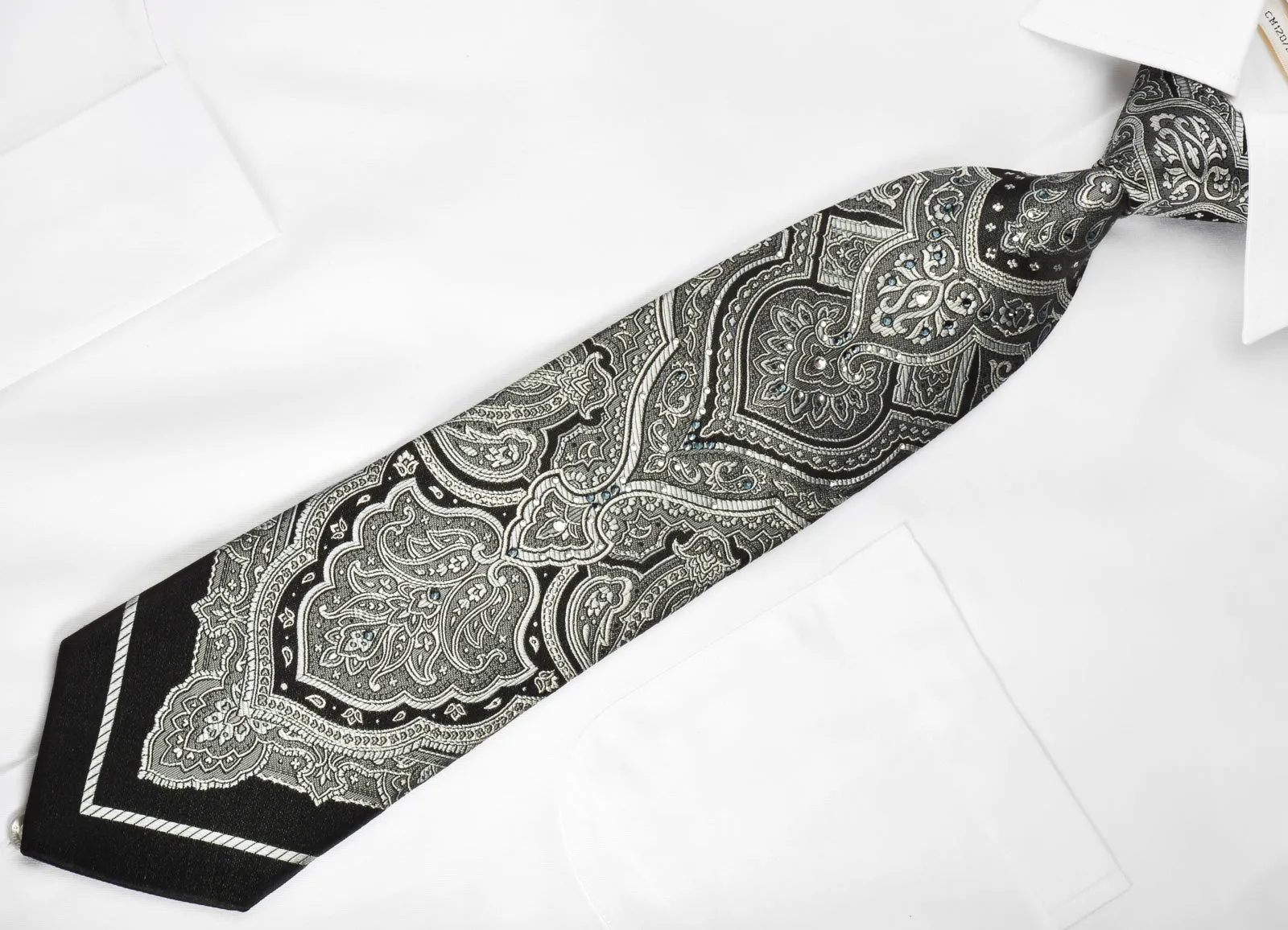 Indian Homme Silk Necktie Silver Damask On Black With Rhinestones