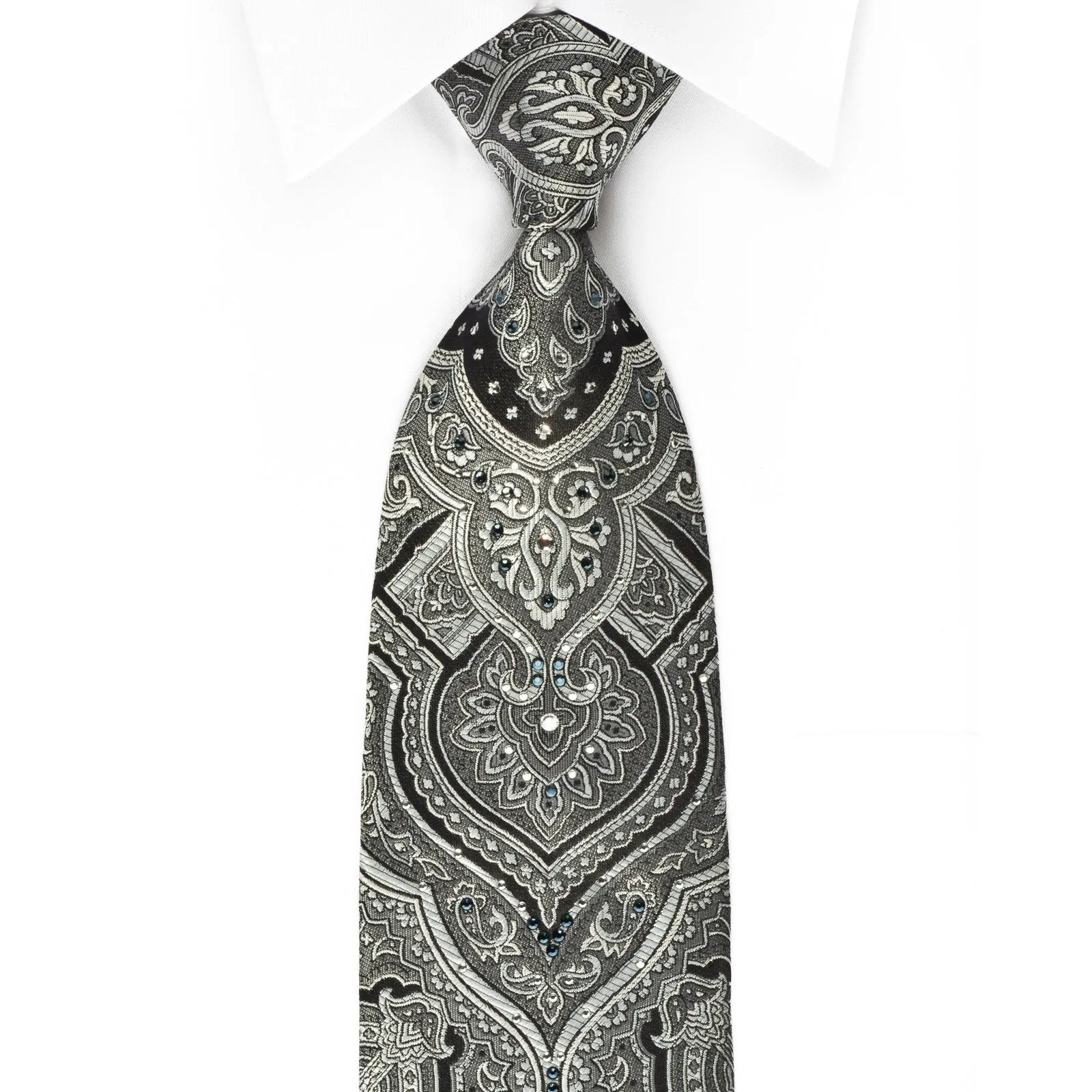 Indian Homme Silk Necktie Silver Damask On Black With Rhinestones