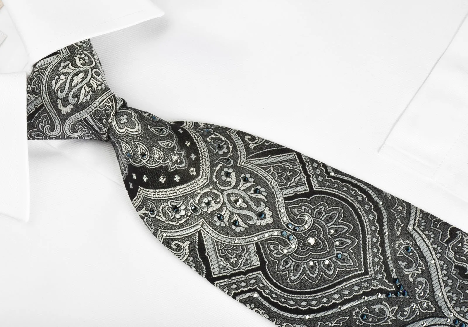 Indian Homme Silk Necktie Silver Damask On Black With Rhinestones