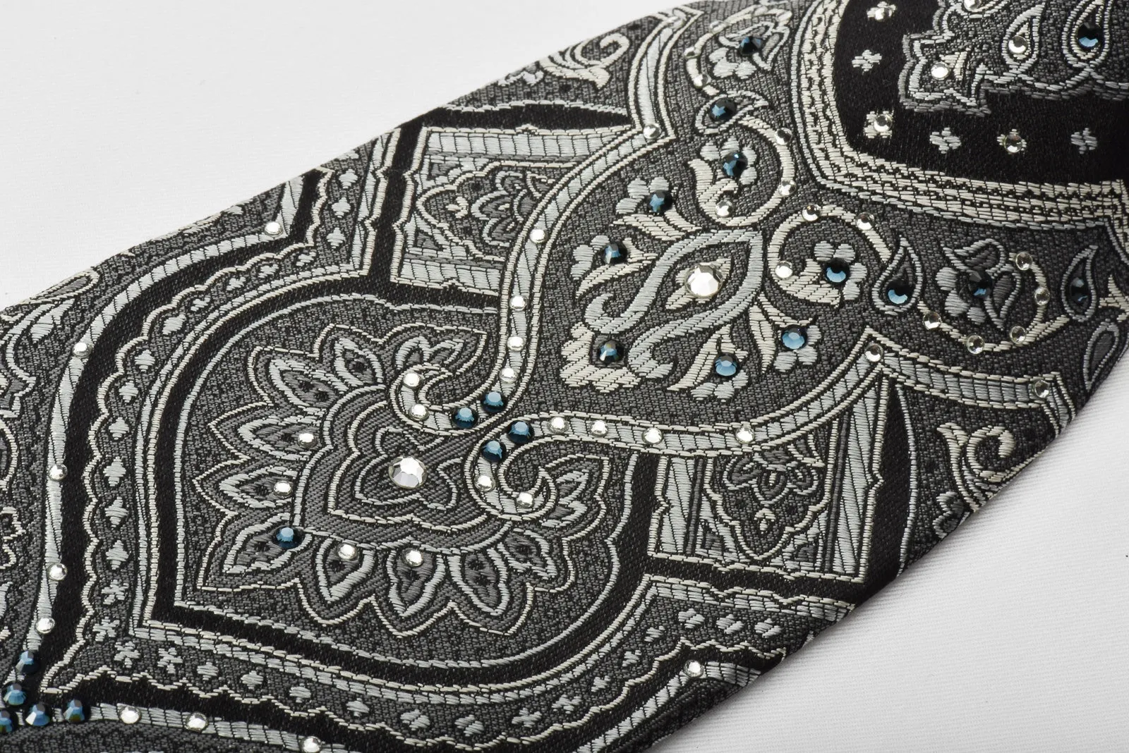 Indian Homme Silk Necktie Silver Damask On Black With Rhinestones