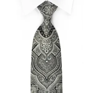 Indian Homme Silk Necktie Silver Damask On Black With Rhinestones