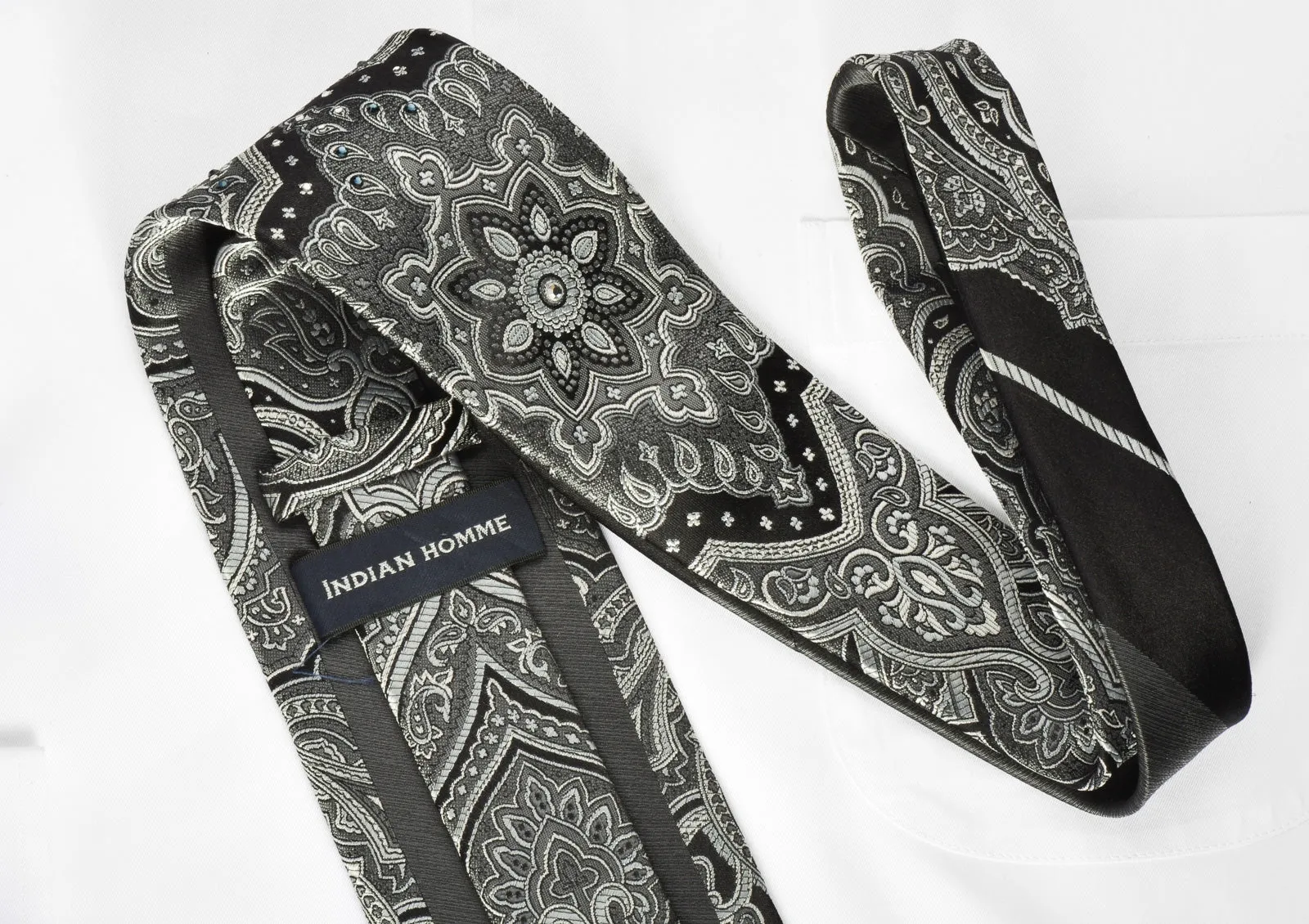 Indian Homme Silk Necktie Silver Damask On Black With Rhinestones