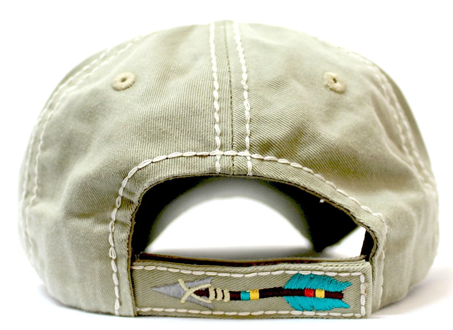 Khaki "BORN FREE" Distressed Baseball Cap w/ Arrow Detail