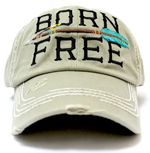 Khaki "BORN FREE" Distressed Baseball Cap w/ Arrow Detail