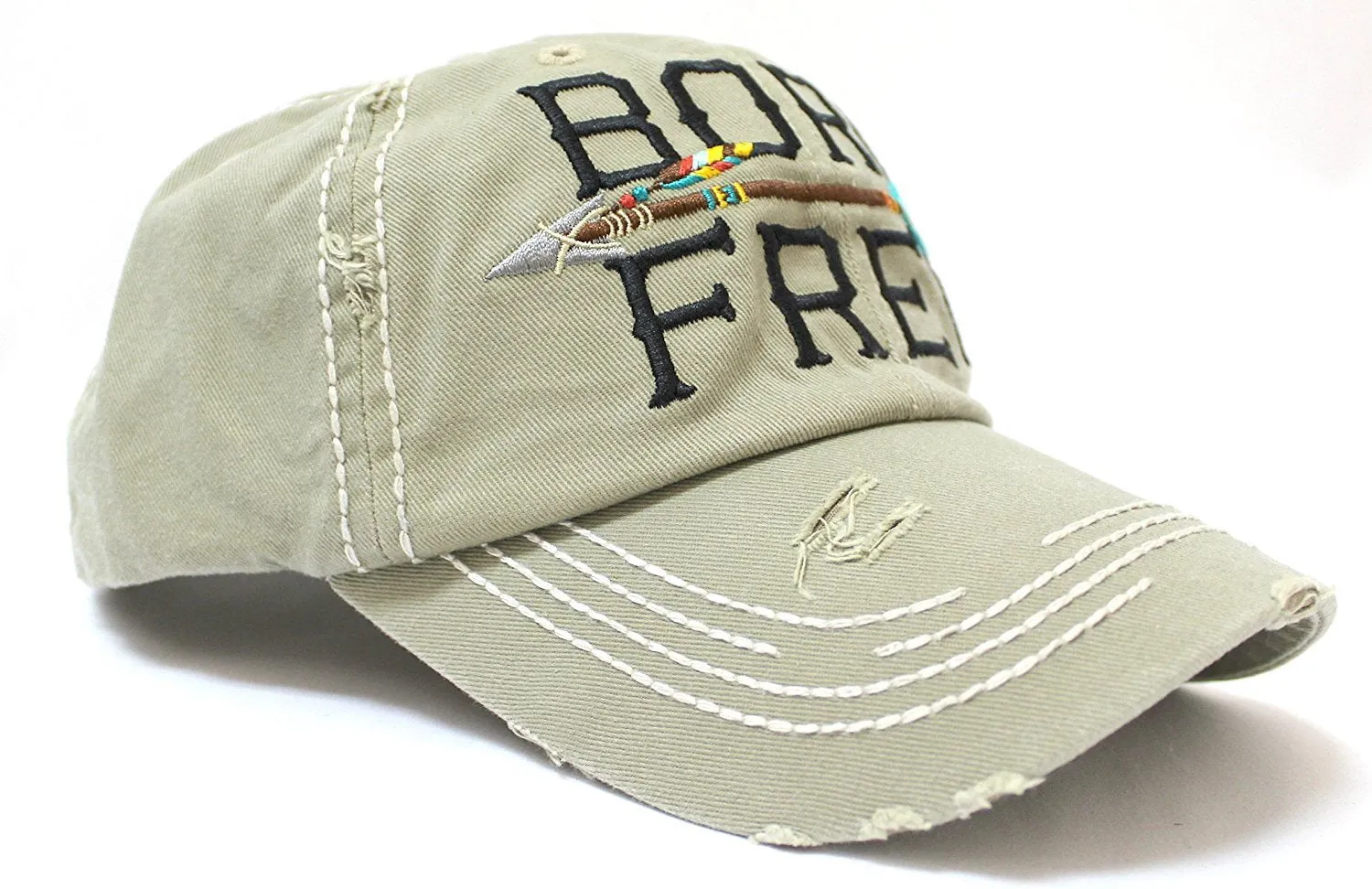 Khaki "BORN FREE" Distressed Baseball Cap w/ Arrow Detail