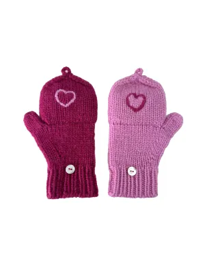 Kids Cashmere Hobo Gloves with hearts in Berry and Azalea