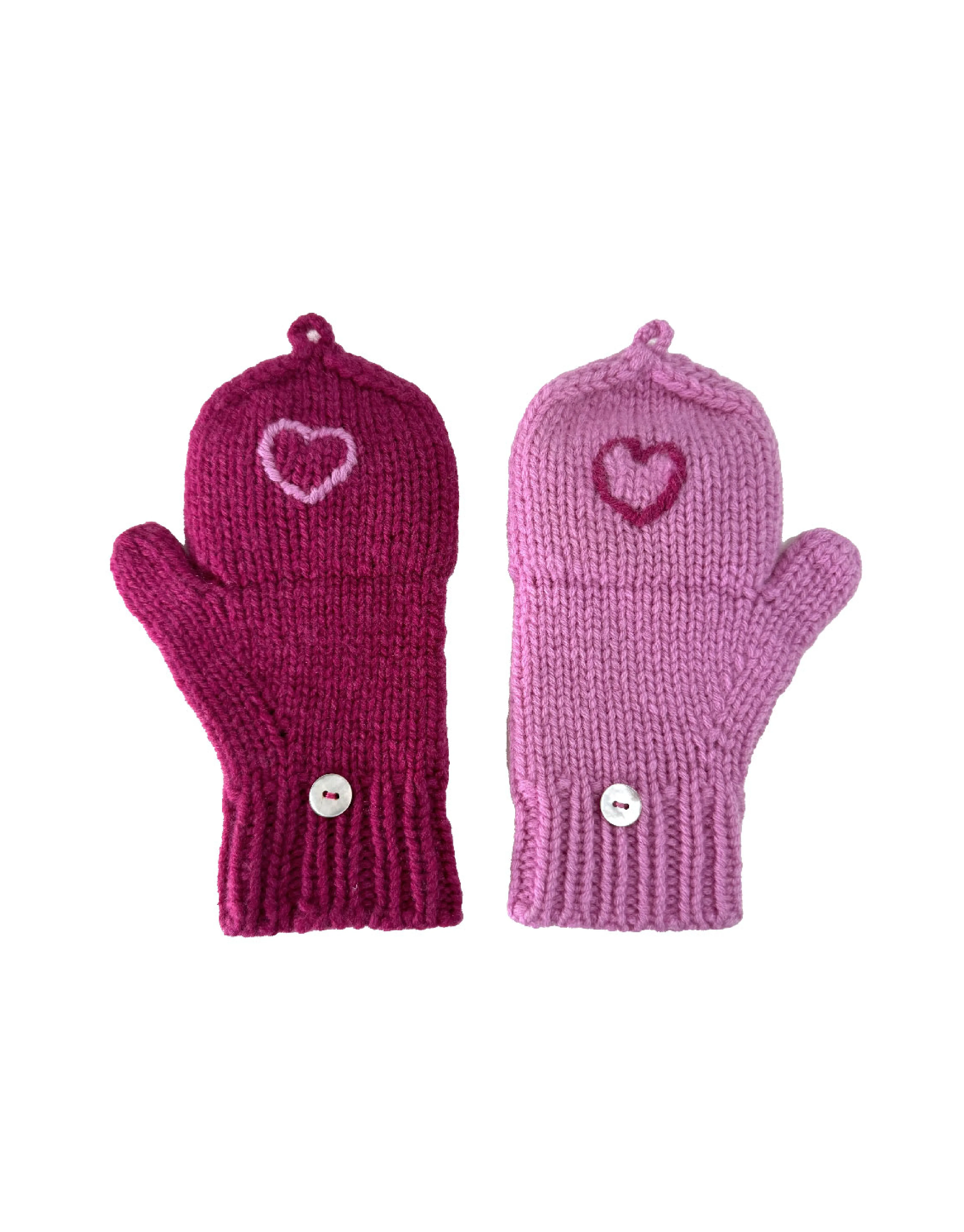 Kids Cashmere Hobo Gloves with hearts in Berry and Azalea