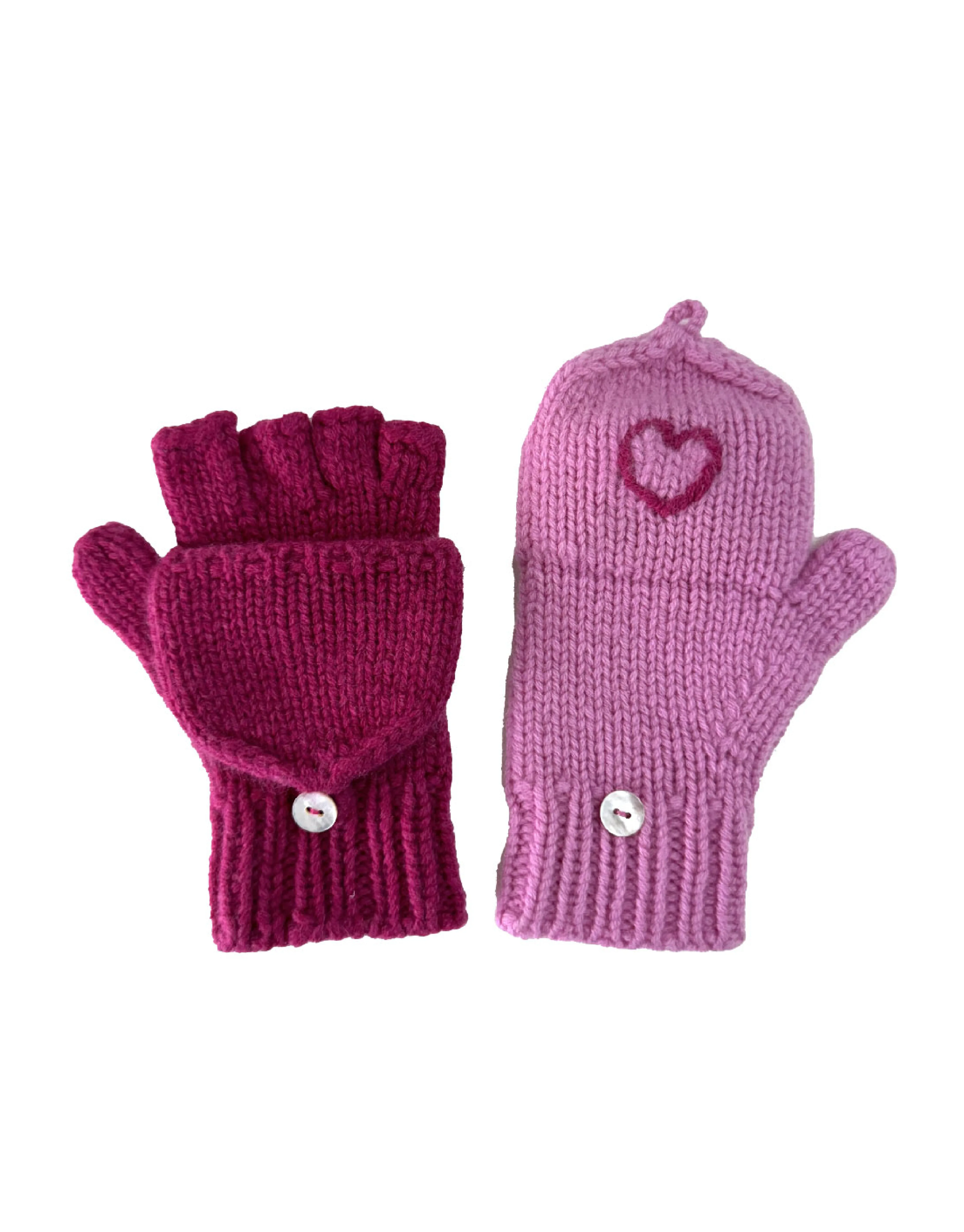 Kids Cashmere Hobo Gloves with hearts in Berry and Azalea