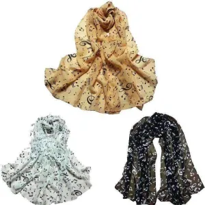 Lady Musical Note Chiffon Neck Scarf Shawl Muffler Scarves Black, White, Latte or Pink