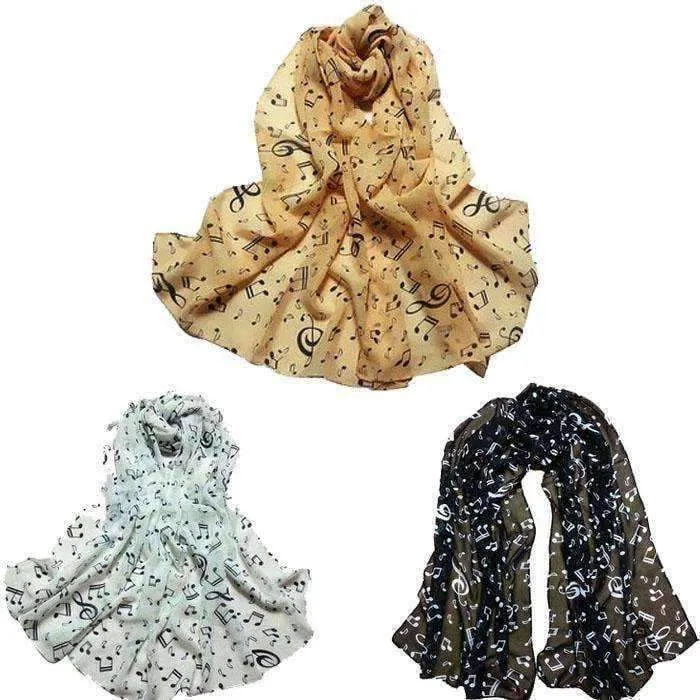 Lady Musical Note Chiffon Neck Scarf Shawl Muffler Scarves Black, White, Latte or Pink