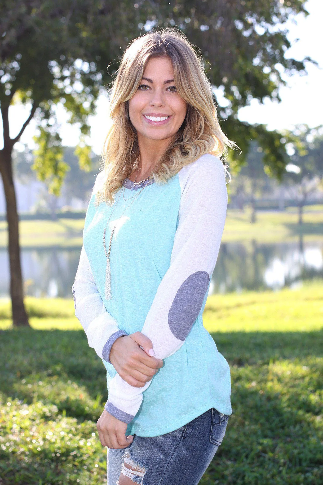 Mint Baseball Tee with Elbow Patches