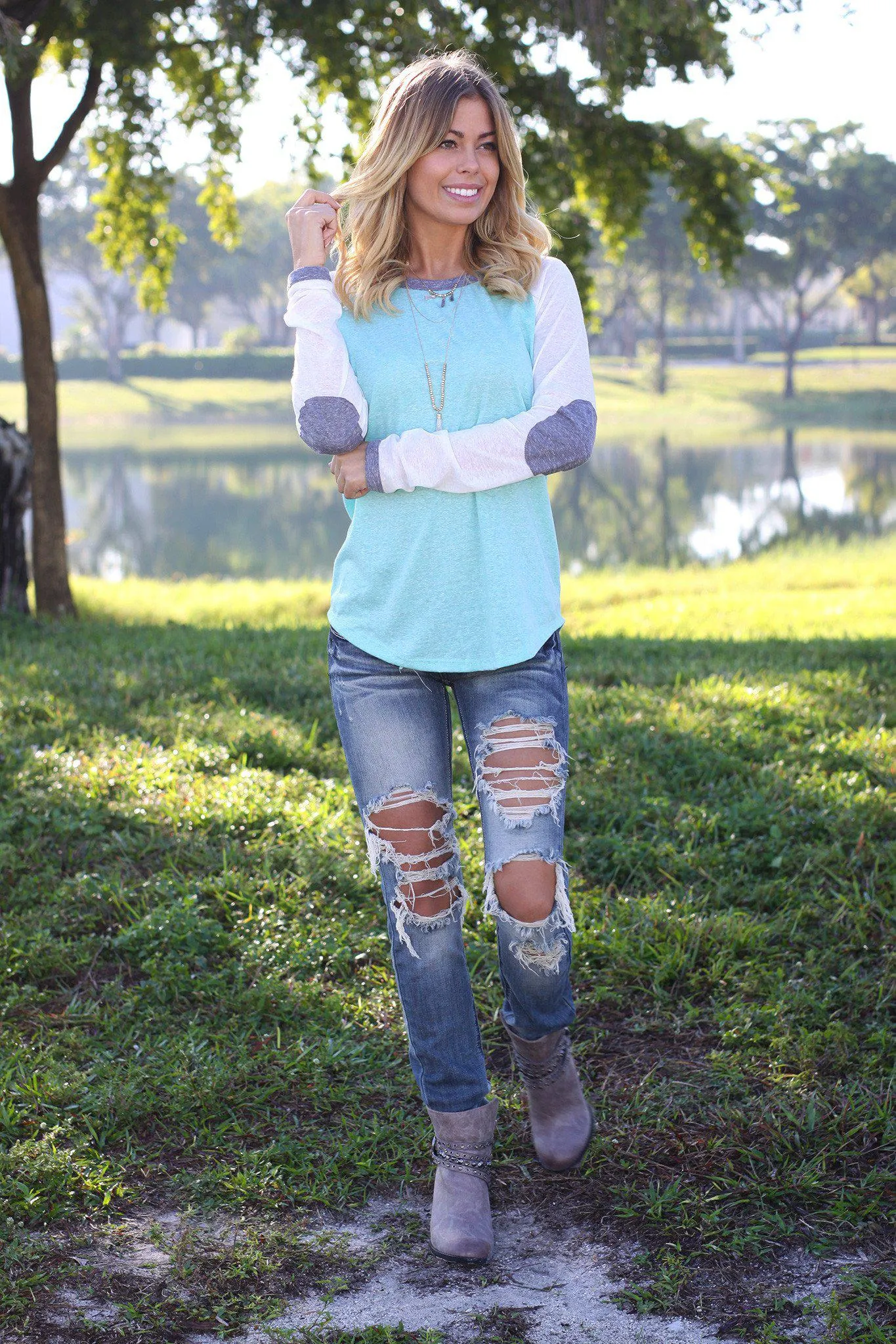 Mint Baseball Tee with Elbow Patches