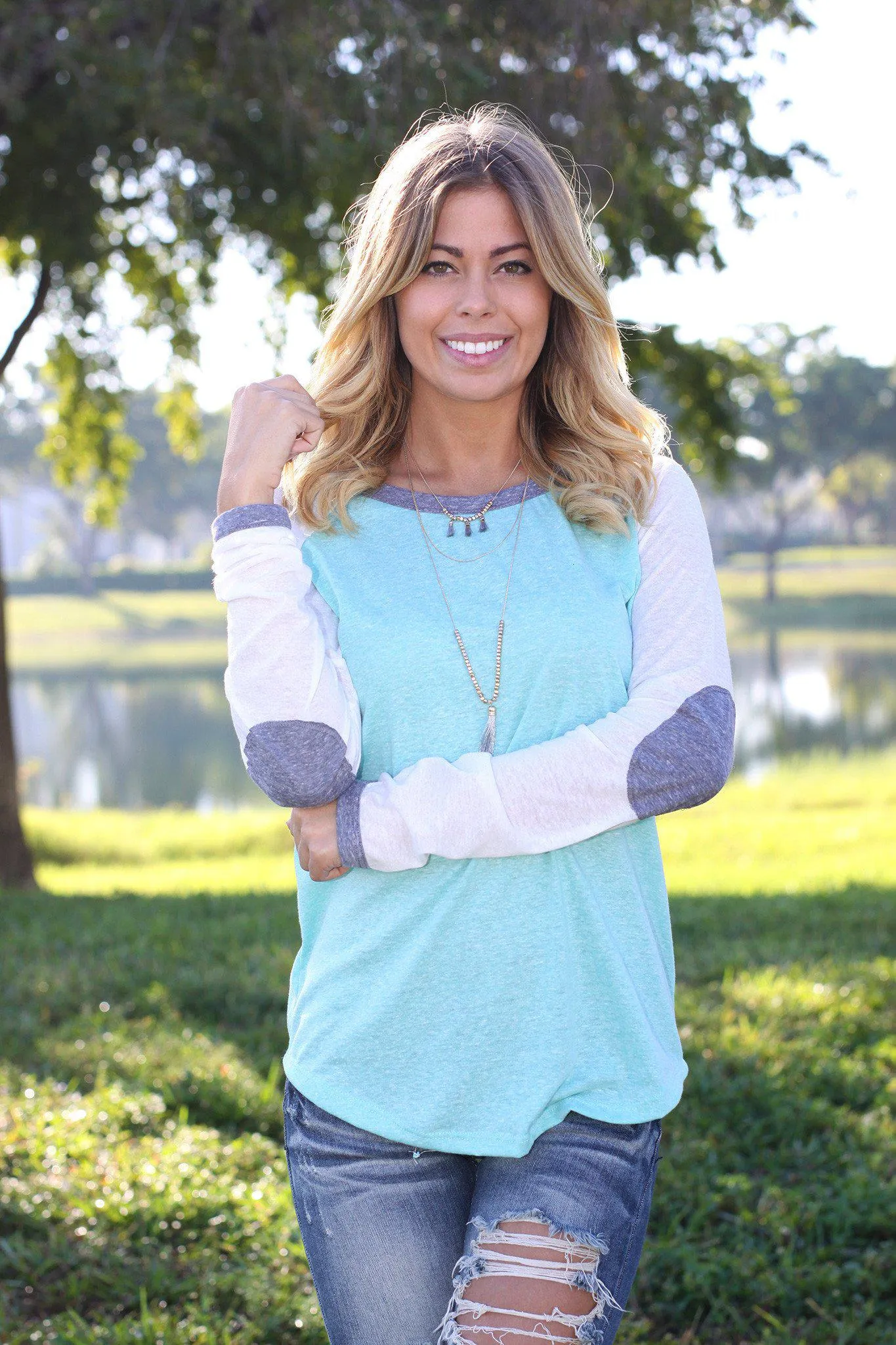 Mint Baseball Tee with Elbow Patches