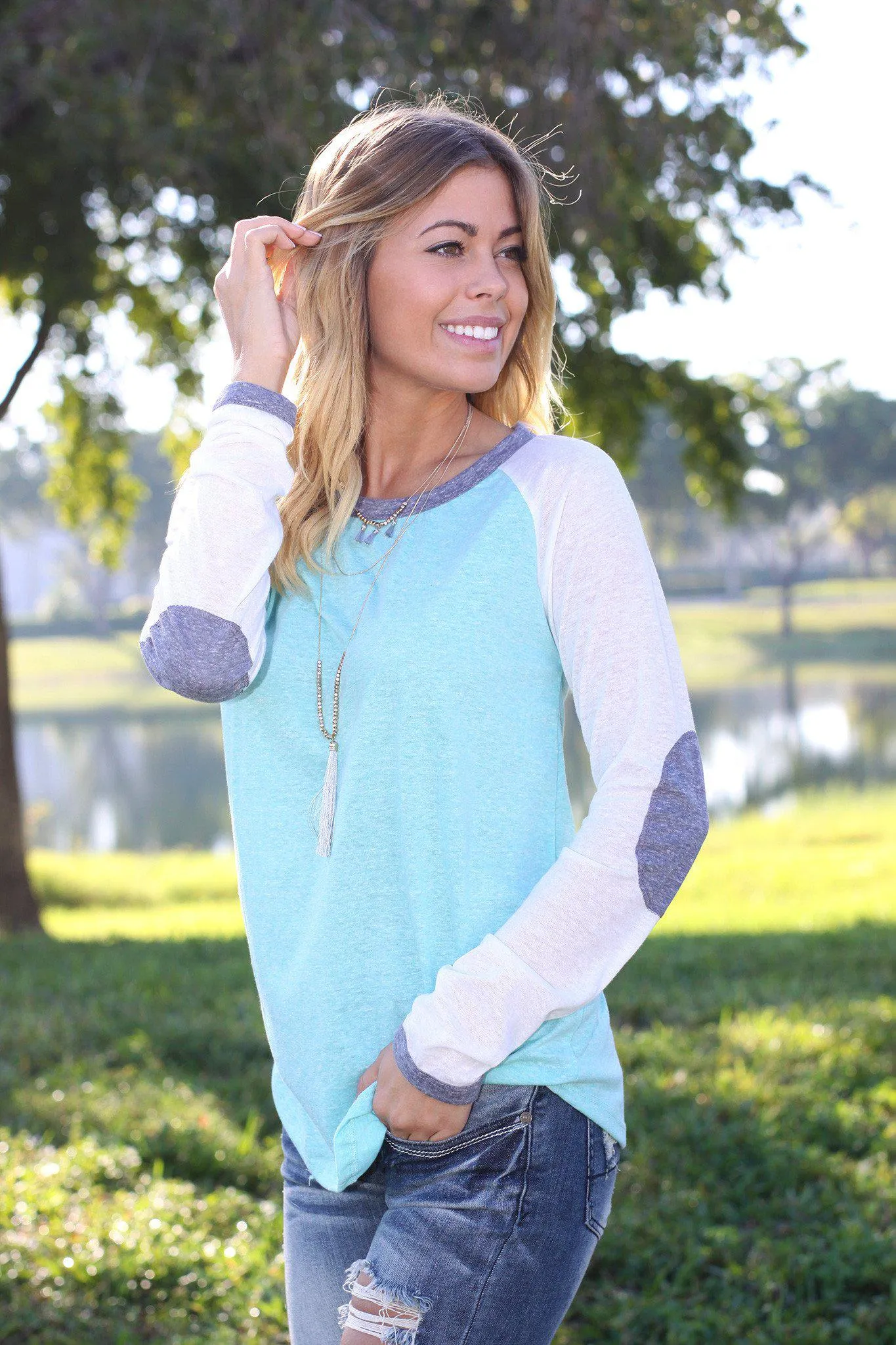 Mint Baseball Tee with Elbow Patches