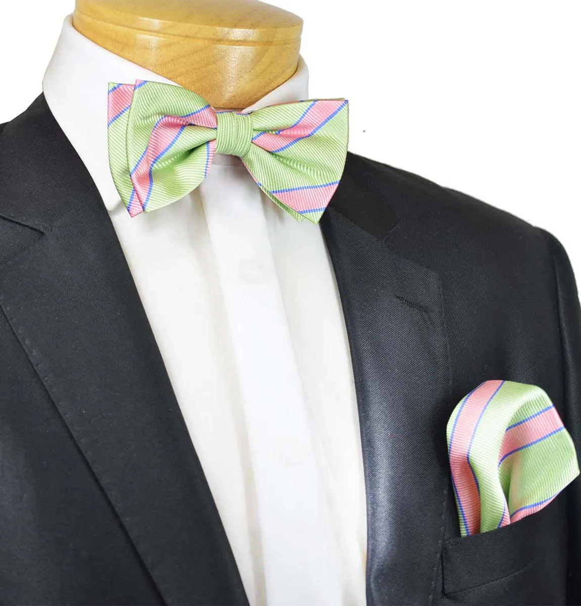 Mint Green and Pink Striped Silk Bow Tie