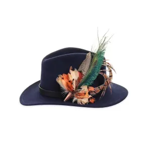 Navy Fedora with Pheasant and Peacock Pin