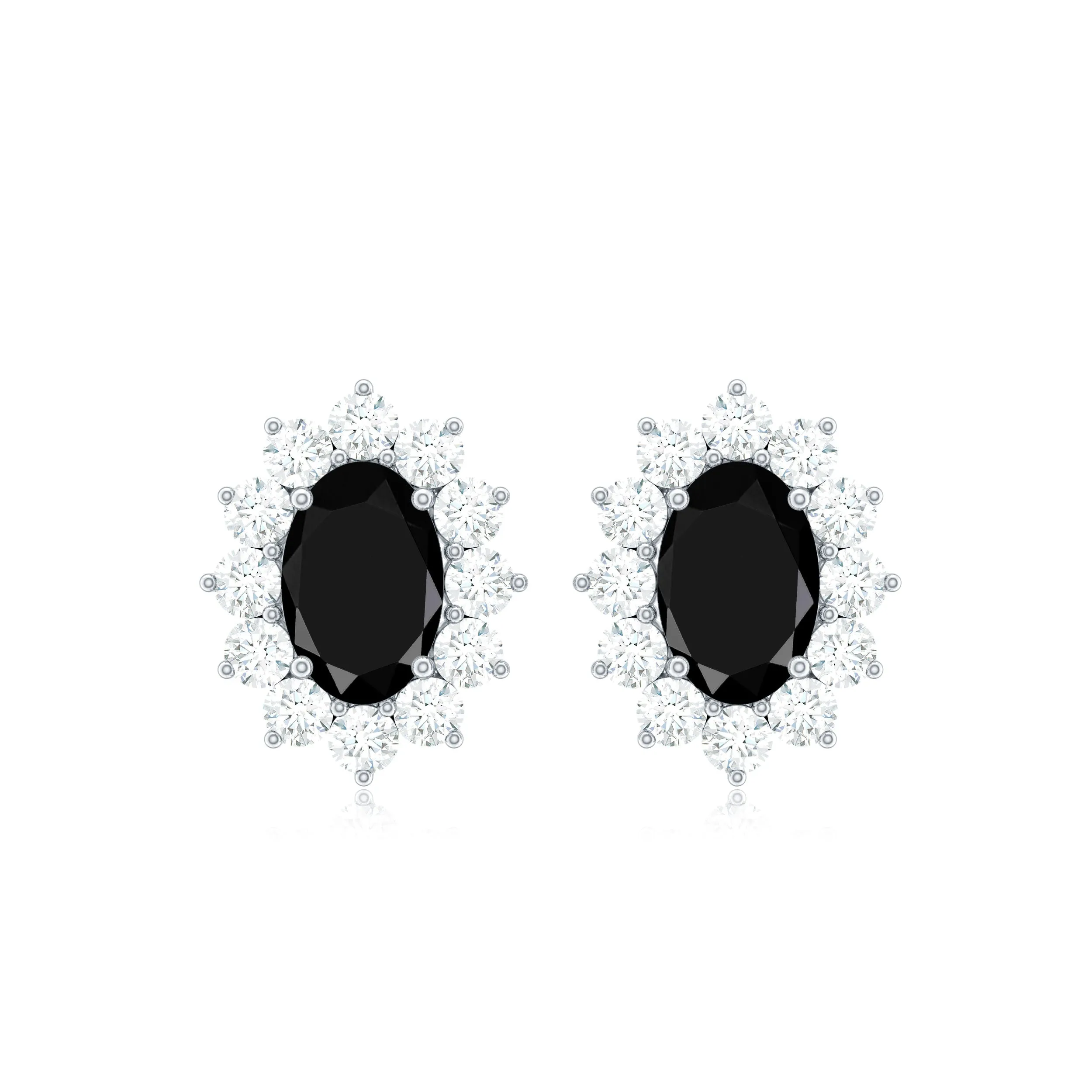 Oval Cut Black Onyx and Diamond Starburst Stud Earrings