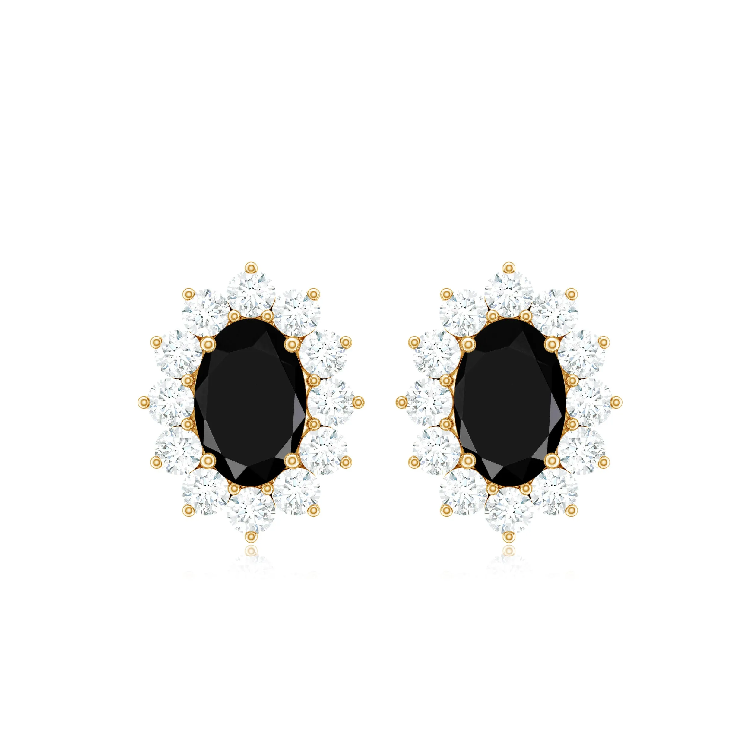 Oval Cut Black Onyx and Diamond Starburst Stud Earrings