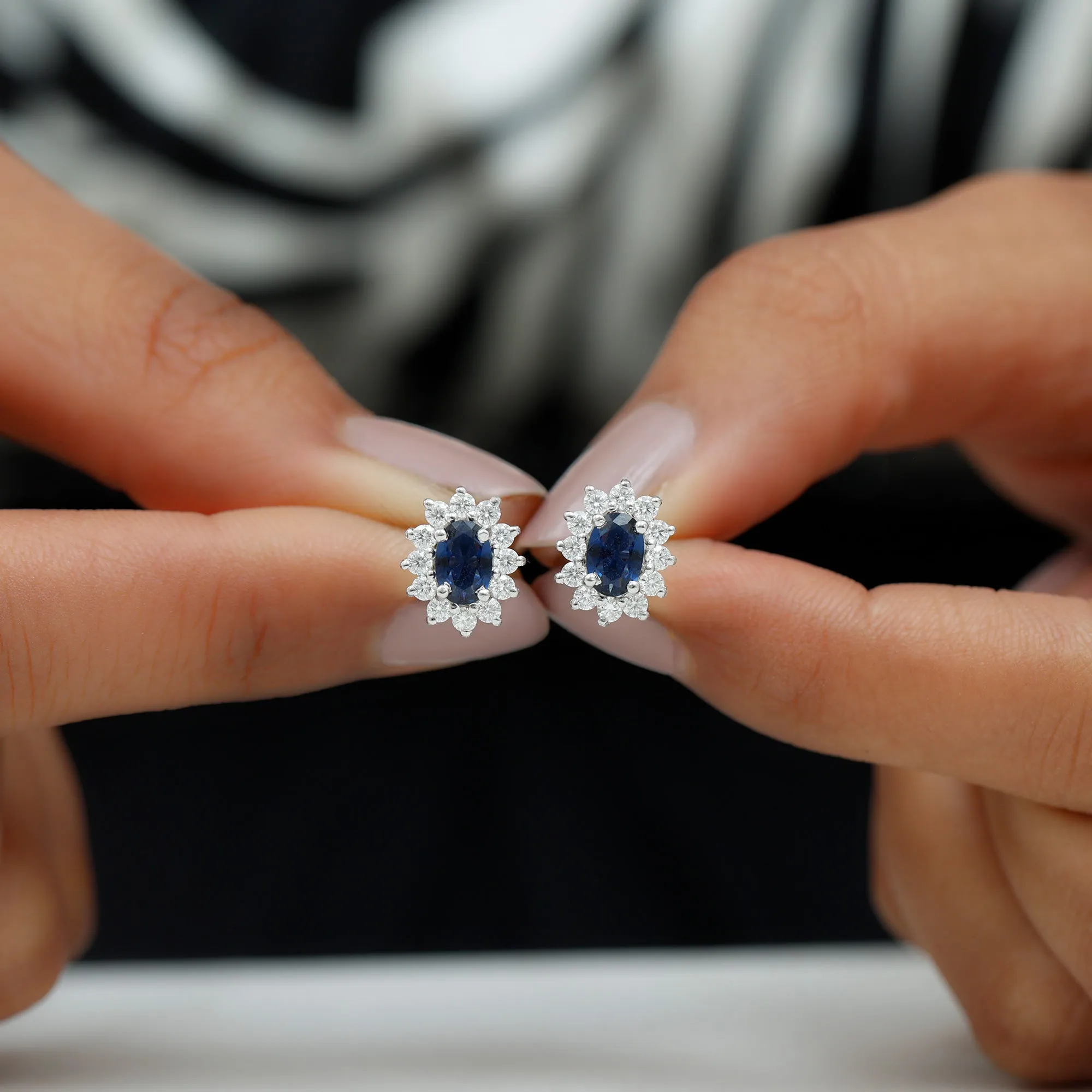 Oval Cut Created Blue Sapphire and Diamond Sunburst Stud Earrings