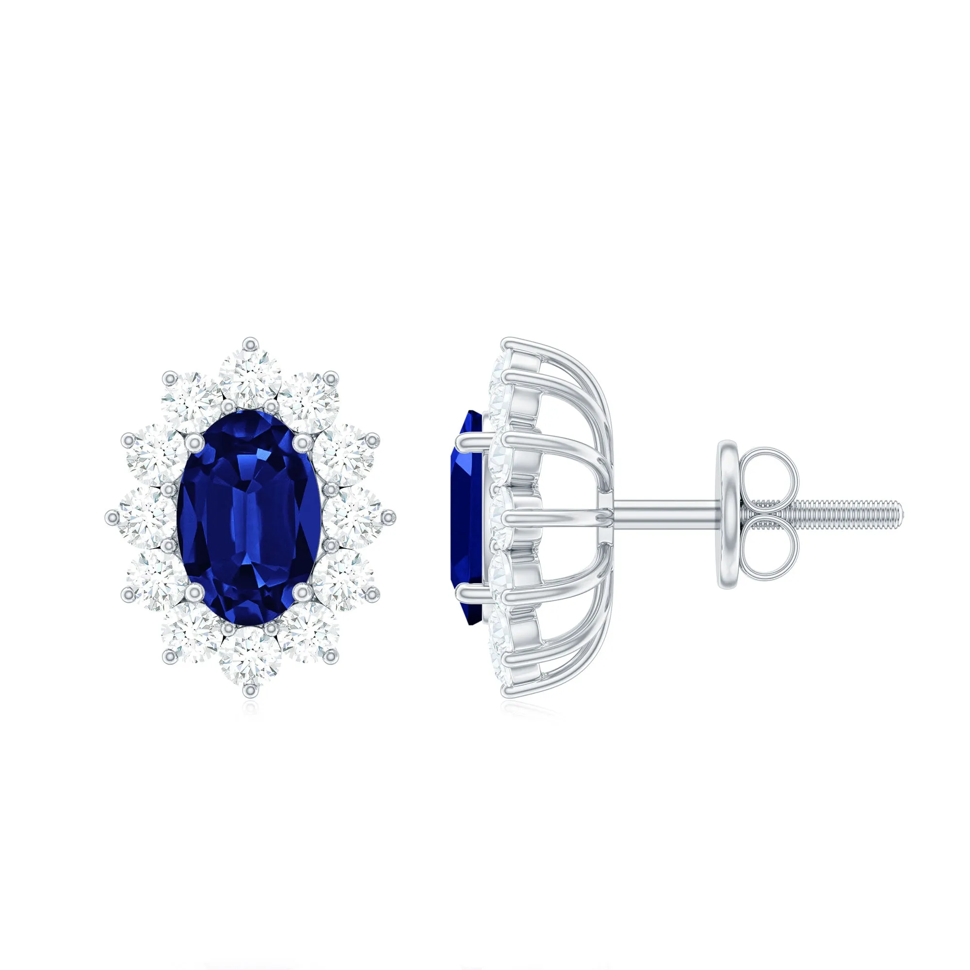 Oval Cut Created Blue Sapphire and Diamond Sunburst Stud Earrings